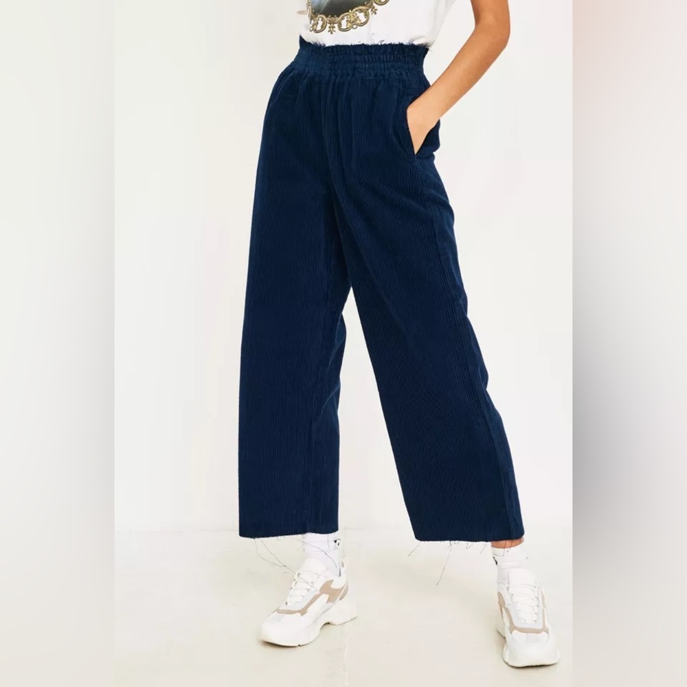 Urban Outfitters BDG Corduroy Paperbag Pants Navy Blue Raw Hems Wide Leg Elastic